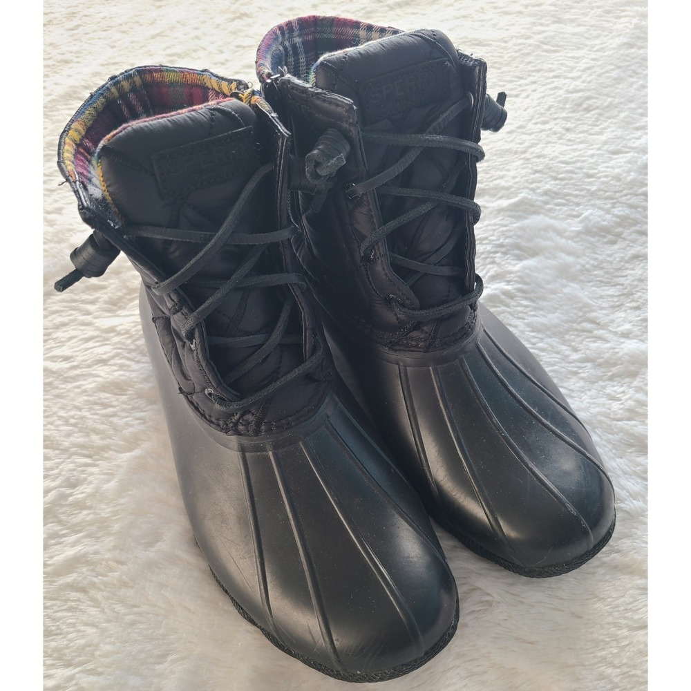 Sperry Saltwater Quilted Duck Boots Womens 8.5 Black Plaid Lined STS85529